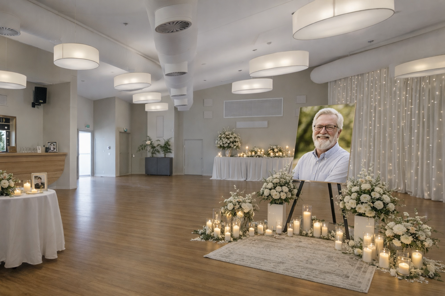 Celebration of life memorial with a floral tribute, portrait and candles at Beaches at Bonny Hills