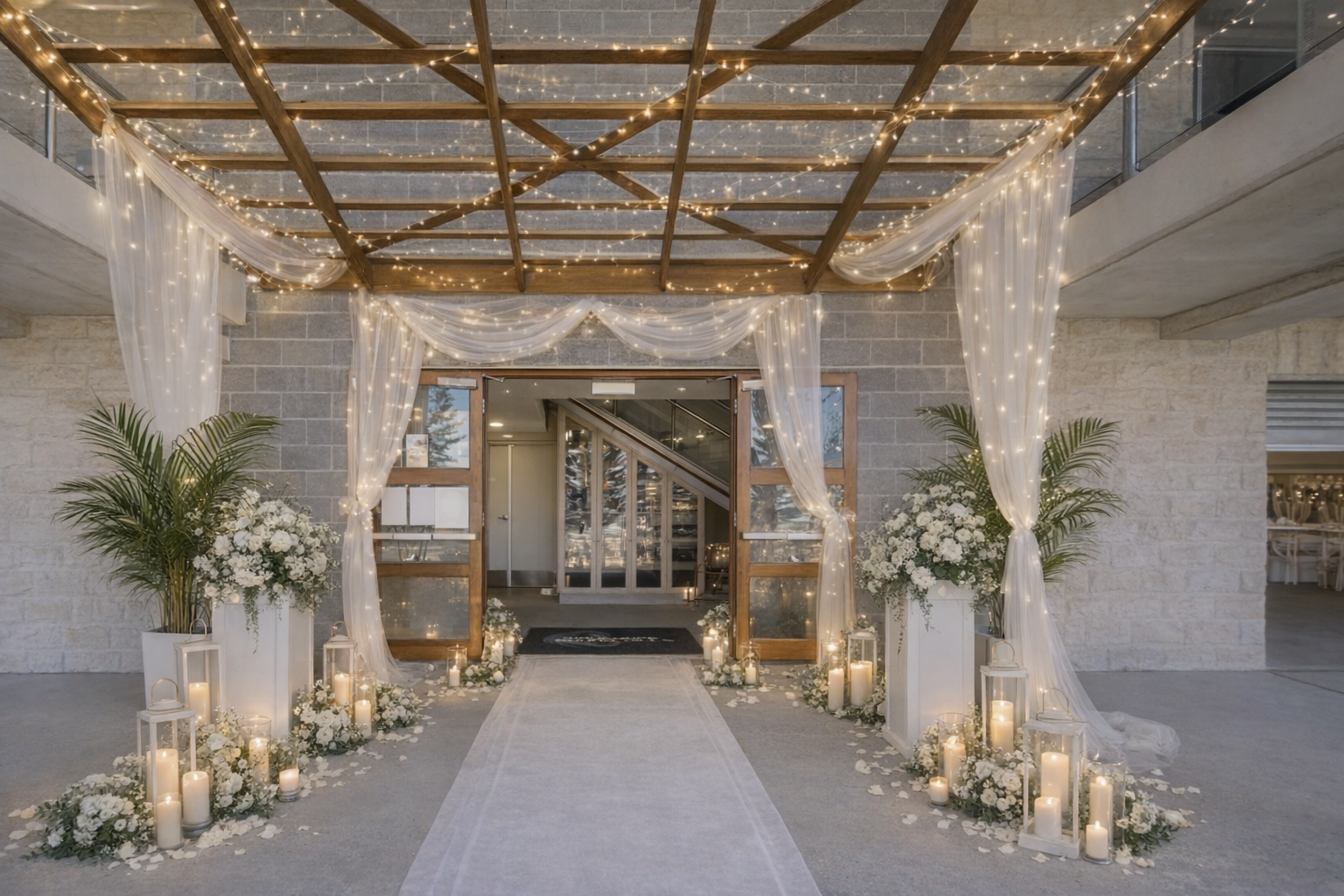 Event entrance styled with white flowers, candles and fairy lights at Beaches at Bonny Hills