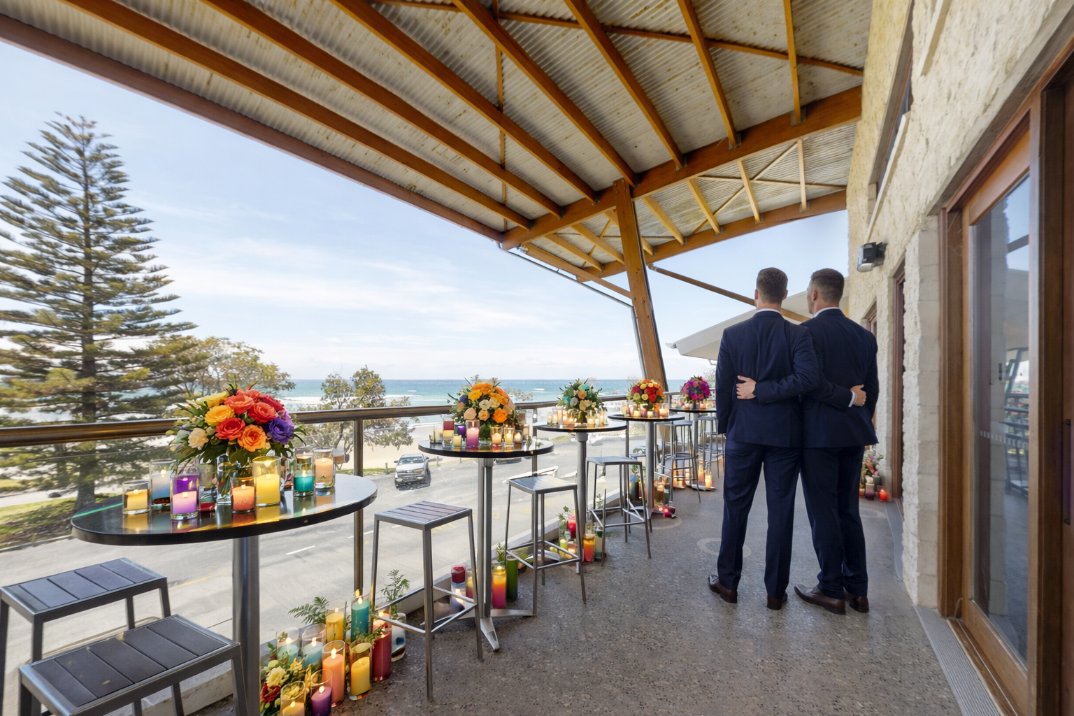 Two grooms celebrating on the ocean-view balcony at Beaches at Bonny Hills