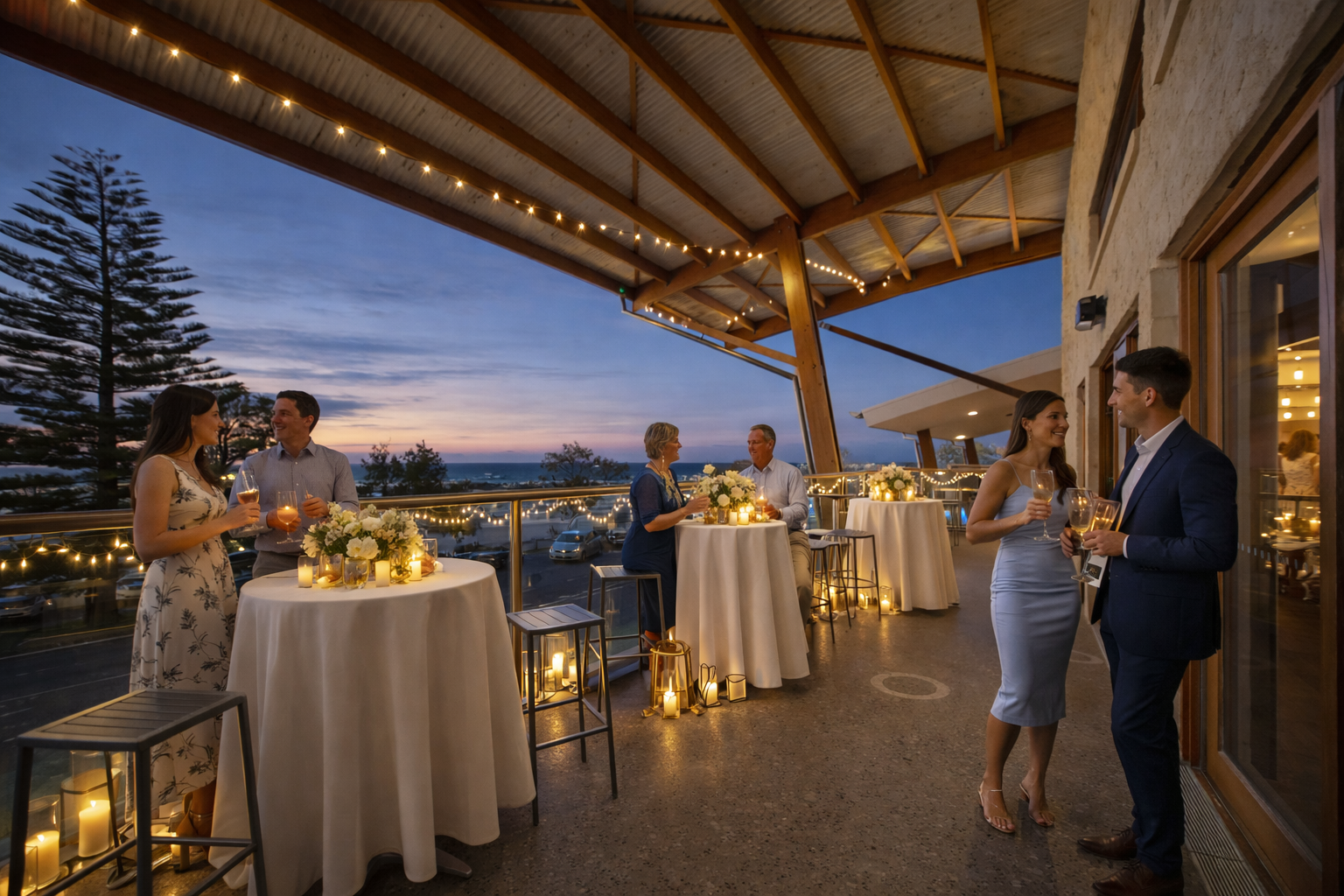 Guests at an evening reception on the ocean-view balcony at Beaches at Bonny Hills